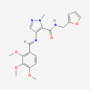 molecular formula C20H22N4O5 B10953981 N-(furan-2-ylmethyl)-1-methyl-4-{[(E)-(2,3,4-trimethoxyphenyl)methylidene]amino}-1H-pyrazole-5-carboxamide 