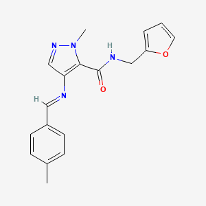 molecular formula C18H18N4O2 B10954001 N-(furan-2-ylmethyl)-1-methyl-4-{[(E)-(4-methylphenyl)methylidene]amino}-1H-pyrazole-5-carboxamide 