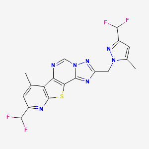 molecular formula C18H13F4N7S B10956905 13-(difluoromethyl)-4-[[3-(difluoromethyl)-5-methylpyrazol-1-yl]methyl]-11-methyl-16-thia-3,5,6,8,14-pentazatetracyclo[7.7.0.02,6.010,15]hexadeca-1(9),2,4,7,10(15),11,13-heptaene 