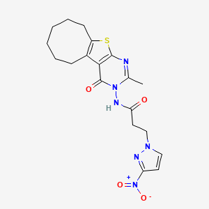 molecular formula C19H22N6O4S B10960522 N-(2-methyl-4-oxo-5,6,7,8,9,10-hexahydrocycloocta[4,5]thieno[2,3-d]pyrimidin-3(4H)-yl)-3-(3-nitro-1H-pyrazol-1-yl)propanamide 