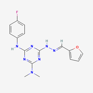 molecular formula C16H16FN7O B10960602 N'-(4-fluorophenyl)-6-[(2E)-2-(furan-2-ylmethylidene)hydrazinyl]-N,N-dimethyl-1,3,5-triazine-2,4-diamine 
