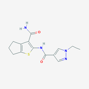 molecular formula C14H16N4O2S B10960623 N-(3-carbamoyl-5,6-dihydro-4H-cyclopenta[b]thiophen-2-yl)-1-ethyl-1H-pyrazole-4-carboxamide 