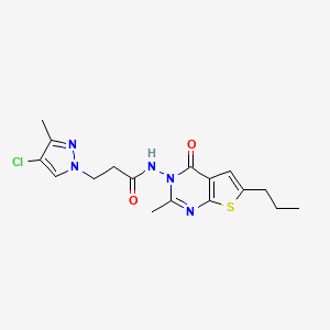 molecular formula C17H20ClN5O2S B10961820 3-(4-Chloro-3-methyl-1H-pyrazol-1-YL)-N-[2-methyl-4-oxo-6-propylthieno[2,3-D]pyrimidin-3(4H)-YL]propanamide 