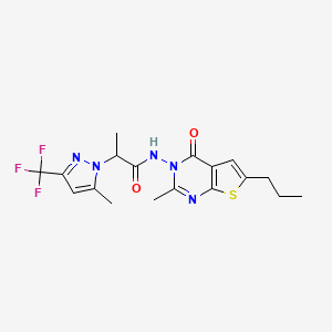 molecular formula C18H20F3N5O2S B10962883 N-(2-methyl-4-oxo-6-propylthieno[2,3-d]pyrimidin-3(4H)-yl)-2-[5-methyl-3-(trifluoromethyl)-1H-pyrazol-1-yl]propanamide 