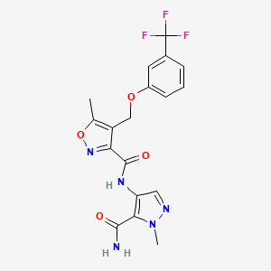 molecular formula C18H16F3N5O4 B10963034 N-(5-carbamoyl-1-methyl-1H-pyrazol-4-yl)-5-methyl-4-{[3-(trifluoromethyl)phenoxy]methyl}-1,2-oxazole-3-carboxamide 