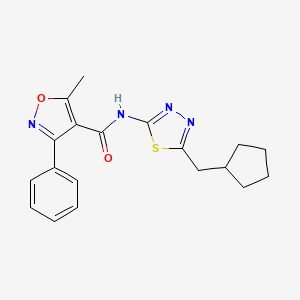 molecular formula C19H20N4O2S B10963258 N-[5-(cyclopentylmethyl)-1,3,4-thiadiazol-2-yl]-5-methyl-3-phenyl-1,2-oxazole-4-carboxamide 