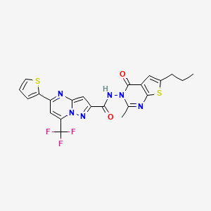 molecular formula C22H17F3N6O2S2 B10963624 N-(2-methyl-4-oxo-6-propylthieno[2,3-d]pyrimidin-3(4H)-yl)-5-(thiophen-2-yl)-7-(trifluoromethyl)pyrazolo[1,5-a]pyrimidine-2-carboxamide 