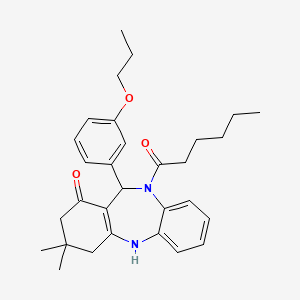 molecular formula C30H38N2O3 B10964042 10-hexanoyl-3,3-dimethyl-11-(3-propoxyphenyl)-2,3,4,5,10,11-hexahydro-1H-dibenzo[b,e][1,4]diazepin-1-one 