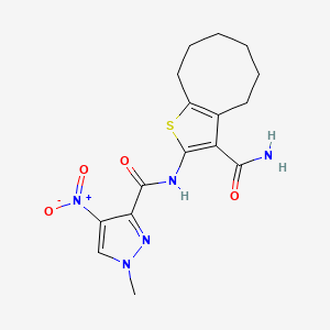 molecular formula C16H19N5O4S B10964196 N-(3-carbamoyl-4,5,6,7,8,9-hexahydrocycloocta[b]thiophen-2-yl)-1-methyl-4-nitro-1H-pyrazole-3-carboxamide 