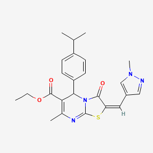 molecular formula C24H26N4O3S B10965421 ethyl (2E)-7-methyl-2-[(1-methyl-1H-pyrazol-4-yl)methylidene]-3-oxo-5-[4-(propan-2-yl)phenyl]-2,3-dihydro-5H-[1,3]thiazolo[3,2-a]pyrimidine-6-carboxylate 