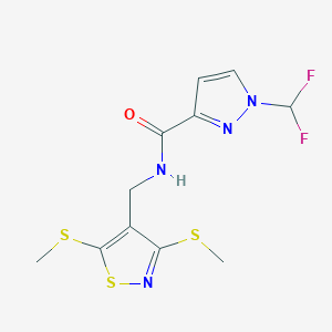 molecular formula C11H12F2N4OS3 B10967250 N-{[3,5-bis(methylsulfanyl)-1,2-thiazol-4-yl]methyl}-1-(difluoromethyl)-1H-pyrazole-3-carboxamide 