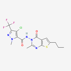 molecular formula C16H15ClF3N5O2S B10967523 4-Chloro-1-methyl-N-[2-methyl-4-oxo-6-propylthieno[2,3-D]pyrimidin-3(4H)-YL]-3-(trifluoromethyl)-1H-pyrazole-5-carboxamide 