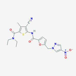 molecular formula C20H20N6O5S B10969543 N-[3-cyano-5-(diethylcarbamoyl)-4-methylthiophen-2-yl]-5-[(4-nitro-1H-pyrazol-1-yl)methyl]furan-2-carboxamide 
