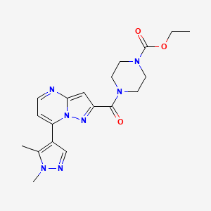 molecular formula C19H23N7O3 B10971000 ethyl 4-{[7-(1,5-dimethyl-1H-pyrazol-4-yl)pyrazolo[1,5-a]pyrimidin-2-yl]carbonyl}piperazine-1-carboxylate 