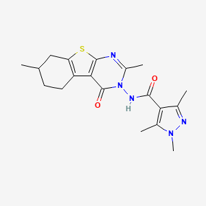 molecular formula C19H23N5O2S B10972328 N-(2,7-dimethyl-4-oxo-5,6,7,8-tetrahydro[1]benzothieno[2,3-d]pyrimidin-3(4H)-yl)-1,3,5-trimethyl-1H-pyrazole-4-carboxamide 