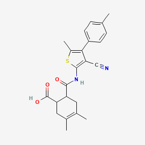 molecular formula C23H24N2O3S B10972970 6-{[3-Cyano-5-methyl-4-(4-methylphenyl)thiophen-2-yl]carbamoyl}-3,4-dimethylcyclohex-3-ene-1-carboxylic acid 