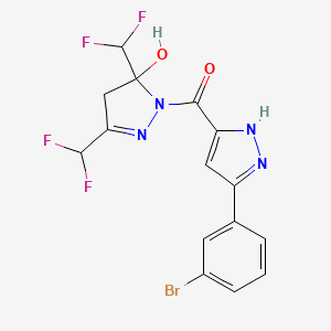 molecular formula C15H11BrF4N4O2 B10973145 [3,5-bis(difluoromethyl)-5-hydroxy-4,5-dihydro-1H-pyrazol-1-yl][5-(3-bromophenyl)-1H-pyrazol-3-yl]methanone 