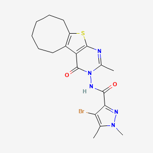 molecular formula C19H22BrN5O2S B10974980 4-Bromo-1,5-dimethyl-N-[2-methyl-4-oxo-5,6,7,8,9,10-hexahydrocycloocta[4,5]thieno[2,3-D]pyrimidin-3(4H)-YL]-1H-pyrazole-3-carboxamide 