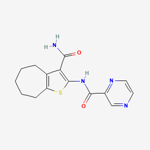 molecular formula C15H16N4O2S B10976275 N-(3-carbamoyl-5,6,7,8-tetrahydro-4H-cyclohepta[b]thiophen-2-yl)pyrazine-2-carboxamide 