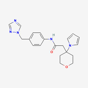 molecular formula C20H23N5O2 B10981930 2-[4-(1H-pyrrol-1-yl)tetrahydro-2H-pyran-4-yl]-N-[4-(1H-1,2,4-triazol-1-ylmethyl)phenyl]acetamide 