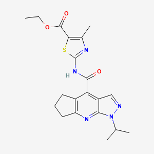 molecular formula C20H23N5O3S B10984586 Ethyl 2-(1-isopropyl-1,5,6,7-tetrahydrocyclopenta[b]pyrazolo[4,3-e]pyridine-4-carboxamido)-4-methylthiazole-5-carboxylate 