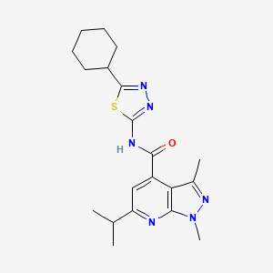 molecular formula C20H26N6OS B10991387 N-[(2E)-5-cyclohexyl-1,3,4-thiadiazol-2(3H)-ylidene]-1,3-dimethyl-6-(propan-2-yl)-1H-pyrazolo[3,4-b]pyridine-4-carboxamide 