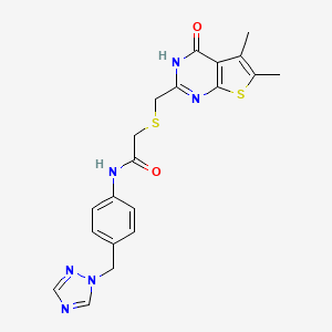 molecular formula C20H20N6O2S2 B11020214 2-{[(4-hydroxy-5,6-dimethylthieno[2,3-d]pyrimidin-2-yl)methyl]sulfanyl}-N-[4-(1H-1,2,4-triazol-1-ylmethyl)phenyl]acetamide 