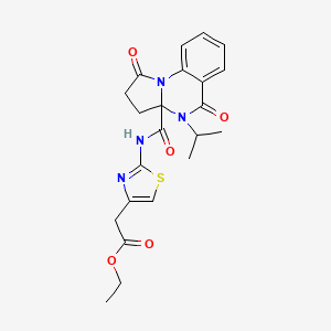 molecular formula C22H24N4O5S B11022928 Ethyl 2-(2-(4-isopropyl-1,5-dioxo-1,2,3,3a,4,5-hexahydropyrrolo[1,2-a]quinazoline-3a-carboxamido)thiazol-4-yl)acetate 