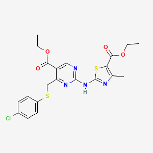 molecular formula C21H21ClN4O4S2 B11029849 Ethyl 4-{[(4-chlorophenyl)sulfanyl]methyl}-2-{[5-(ethoxycarbonyl)-4-methyl-1,3-thiazol-2-yl]amino}pyrimidine-5-carboxylate 