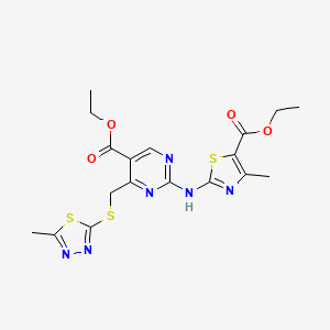 molecular formula C18H20N6O4S3 B11041836 Ethyl 2-[(5-(ethoxycarbonyl)-4-{[(5-methyl-1,3,4-thiadiazol-2-yl)sulfanyl]methyl}-2-pyrimidinyl)amino]-4-methyl-1,3-thiazole-5-carboxylate 