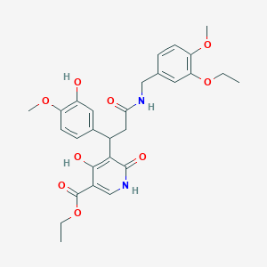molecular formula C28H32N2O9 B11041992 Ethyl 5-{3-[(3-ethoxy-4-methoxybenzyl)amino]-1-(3-hydroxy-4-methoxyphenyl)-3-oxopropyl}-4-hydroxy-6-oxo-1,6-dihydropyridine-3-carboxylate 