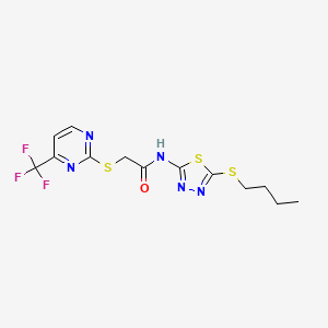 molecular formula C13H14F3N5OS3 B11043579 N-[5-(butylsulfanyl)-1,3,4-thiadiazol-2-yl]-2-{[4-(trifluoromethyl)pyrimidin-2-yl]sulfanyl}acetamide 