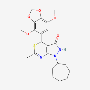 molecular formula C22H27N3O5S B11043632 1-cycloheptyl-4-(4,7-dimethoxy-1,3-benzodioxol-5-yl)-6-methyl-1,4-dihydropyrazolo[3,4-d][1,3]thiazin-3(2H)-one 