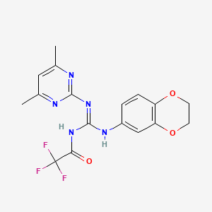 molecular formula C17H16F3N5O3 B11043938 N-{(E)-(2,3-dihydro-1,4-benzodioxin-6-ylamino)[(4,6-dimethylpyrimidin-2-yl)amino]methylidene}-2,2,2-trifluoroacetamide 
