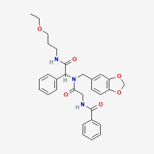 molecular formula C30H33N3O6 B11044107 N-{2-[(1,3-benzodioxol-5-ylmethyl){2-[(3-ethoxypropyl)amino]-2-oxo-1-phenylethyl}amino]-2-oxoethyl}benzamide 