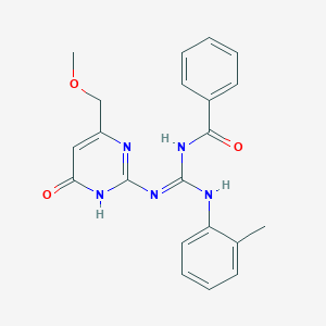 molecular formula C21H21N5O3 B11046483 N-{(E)-{[4-(methoxymethyl)-6-oxo-1,6-dihydropyrimidin-2-yl]amino}[(2-methylphenyl)amino]methylidene}benzamide 