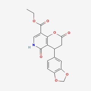 molecular formula C18H15NO7 B11046797 ethyl 4-(1,3-benzodioxol-5-yl)-2,5-dioxo-3,4,5,6-tetrahydro-2H-pyrano[3,2-c]pyridine-8-carboxylate 
