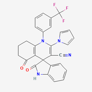 molecular formula C28H19F3N4O2 B11047243 2,5'-dioxo-2'-(1H-pyrrol-1-yl)-1'-[3-(trifluoromethyl)phenyl]-1,2,5',6',7',8'-hexahydro-1'H-spiro[indole-3,4'-quinoline]-3'-carbonitrile 