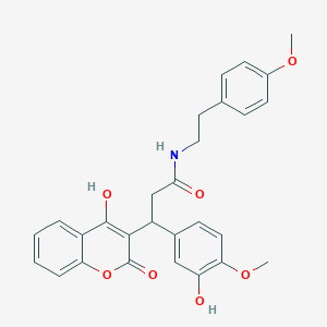 molecular formula C28H27NO7 B11047596 3-(3-hydroxy-4-methoxyphenyl)-3-(4-hydroxy-2-oxo-2H-chromen-3-yl)-N-[2-(4-methoxyphenyl)ethyl]propanamide 