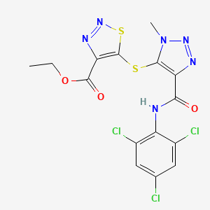 molecular formula C15H11Cl3N6O3S2 B11047819 Ethyl 5-({1-methyl-4-[(2,4,6-trichloroanilino)carbonyl]-1H-1,2,3-triazol-5-YL}sulfanyl)-1,2,3-thiadiazole-4-carboxylate 