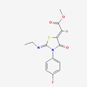 molecular formula C14H13FN2O3S B11048390 Methyl 2-[2-(ethylimino)-3-(4-fluorophenyl)-4-oxo-1,3-thiazolan-5-yliden]acetate 