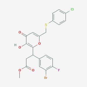 molecular formula C22H17BrClFO5S B11050537 methyl 3-(3-bromo-4-fluorophenyl)-3-(6-{[(4-chlorophenyl)sulfanyl]methyl}-3-hydroxy-4-oxo-4H-pyran-2-yl)propanoate 