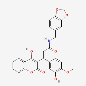 molecular formula C27H23NO8 B11050790 N-(1,3-benzodioxol-5-ylmethyl)-3-(3-hydroxy-4-methoxyphenyl)-3-(4-hydroxy-2-oxo-2H-chromen-3-yl)propanamide 