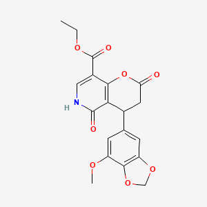 molecular formula C19H17NO8 B11050831 ethyl 4-(7-methoxy-1,3-benzodioxol-5-yl)-2,5-dioxo-3,4,5,6-tetrahydro-2H-pyrano[3,2-c]pyridine-8-carboxylate 