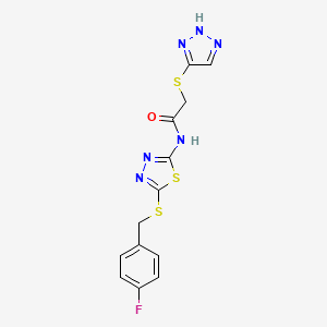 molecular formula C13H11FN6OS3 B11051099 N-{5-[(4-fluorobenzyl)sulfanyl]-1,3,4-thiadiazol-2-yl}-2-(1H-1,2,3-triazol-5-ylsulfanyl)acetamide 