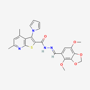 molecular formula C24H22N4O5S B11051207 N'-[(E)-(4,7-dimethoxy-1,3-benzodioxol-5-yl)methylidene]-4,6-dimethyl-3-(1H-pyrrol-1-yl)thieno[2,3-b]pyridine-2-carbohydrazide 