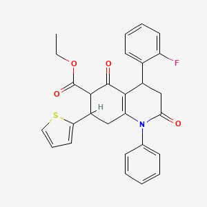 molecular formula C28H24FNO4S B11051490 Ethyl 4-(2-fluorophenyl)-2,5-dioxo-1-phenyl-7-(thiophen-2-yl)-1,2,3,4,5,6,7,8-octahydroquinoline-6-carboxylate 