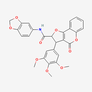 molecular formula C28H23NO9 B11051799 N-(1,3-benzodioxol-5-yl)-4-oxo-3-(3,4,5-trimethoxyphenyl)-2,3-dihydro-4H-furo[3,2-c]chromene-2-carboxamide 
