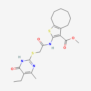 molecular formula C21H27N3O4S2 B11052055 Methyl 2-({[(5-ethyl-4-hydroxy-6-methylpyrimidin-2-yl)sulfanyl]acetyl}amino)-4,5,6,7,8,9-hexahydrocycloocta[b]thiophene-3-carboxylate 