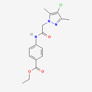 molecular formula C16H18ClN3O3 B11052612 Benzoic acid, 4-[[2-(4-chloro-3,5-dimethyl-1H-pyrazol-1-yl)acetyl]amino]-, ethyl ester 